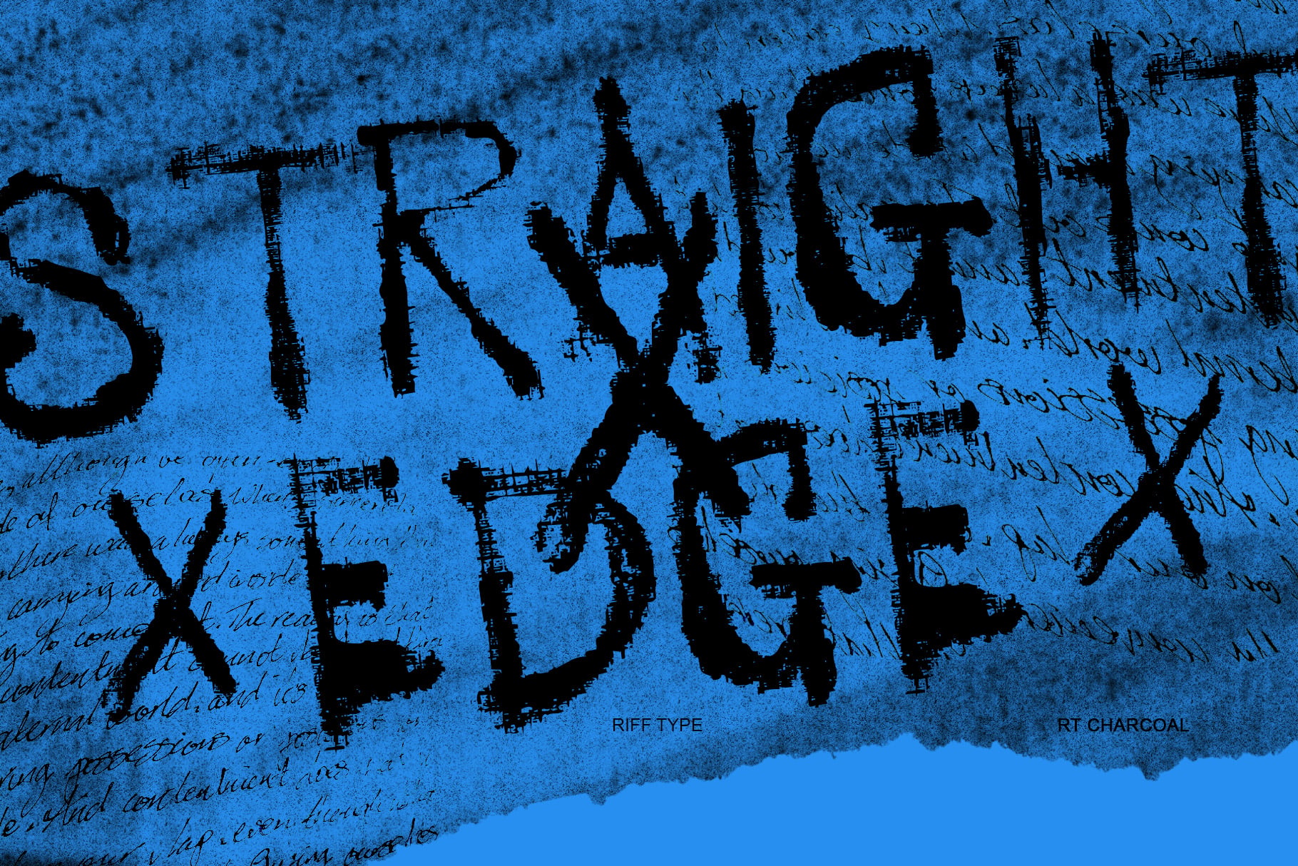 Riff Type RT Charcoal font displaying rough distressed letters on textured blue background