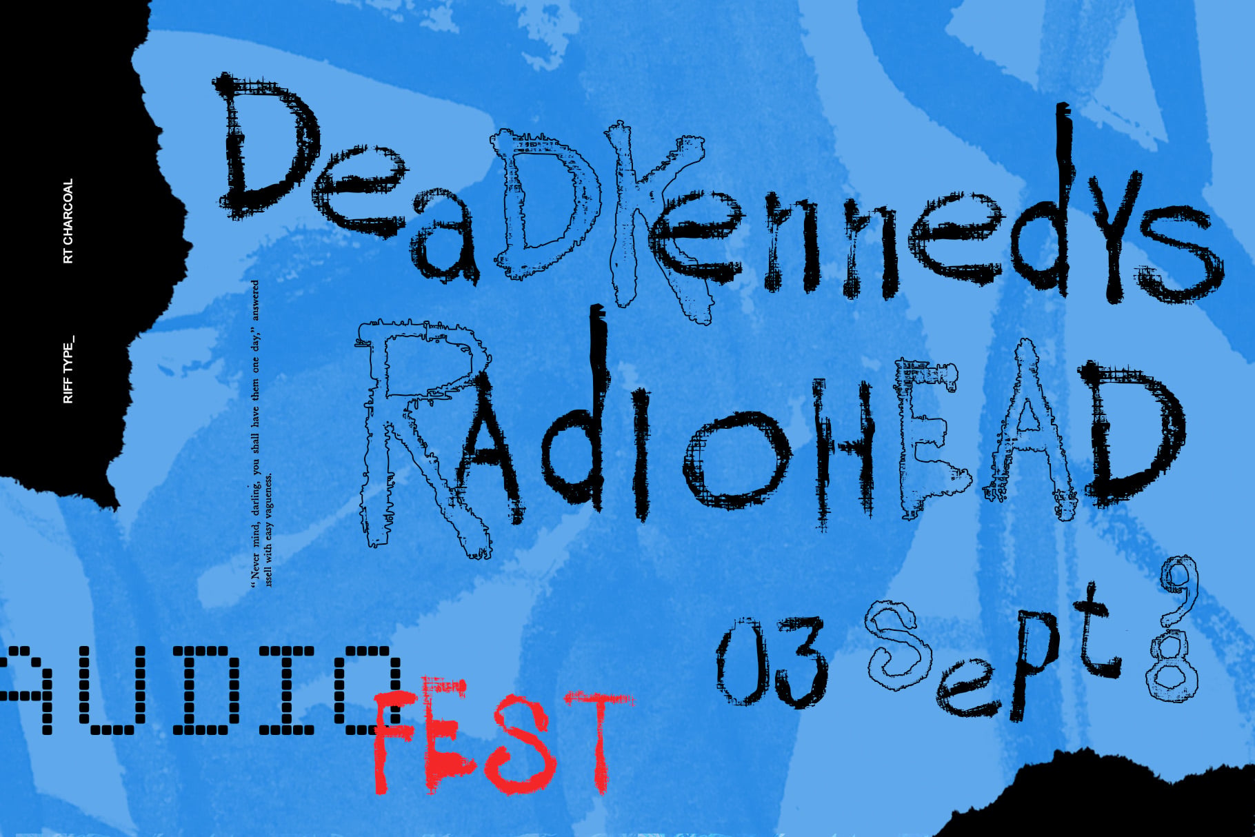 Deadpinned Radiohead poster with scratchy black lettering on blue textured background, dated 03 sept 08