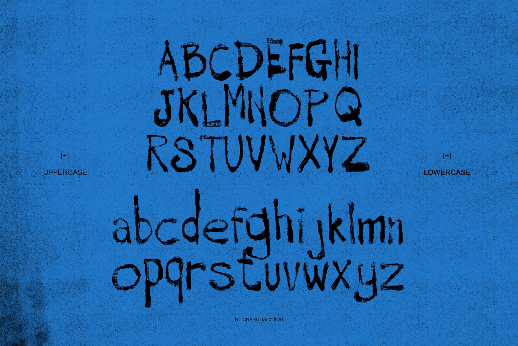 Rough charcoal typeface on bright blue textured background showing uppercase, lowercase letters