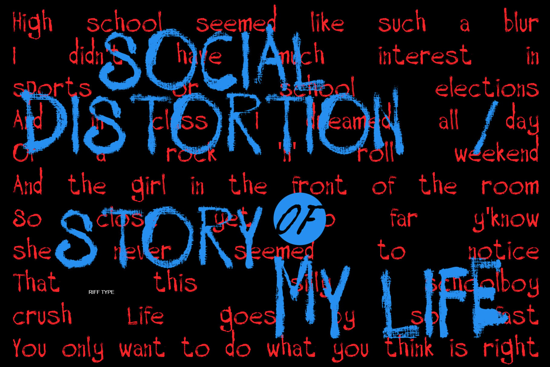 Distressed blue text overlay on red lyric typography with grunge texture effect on black