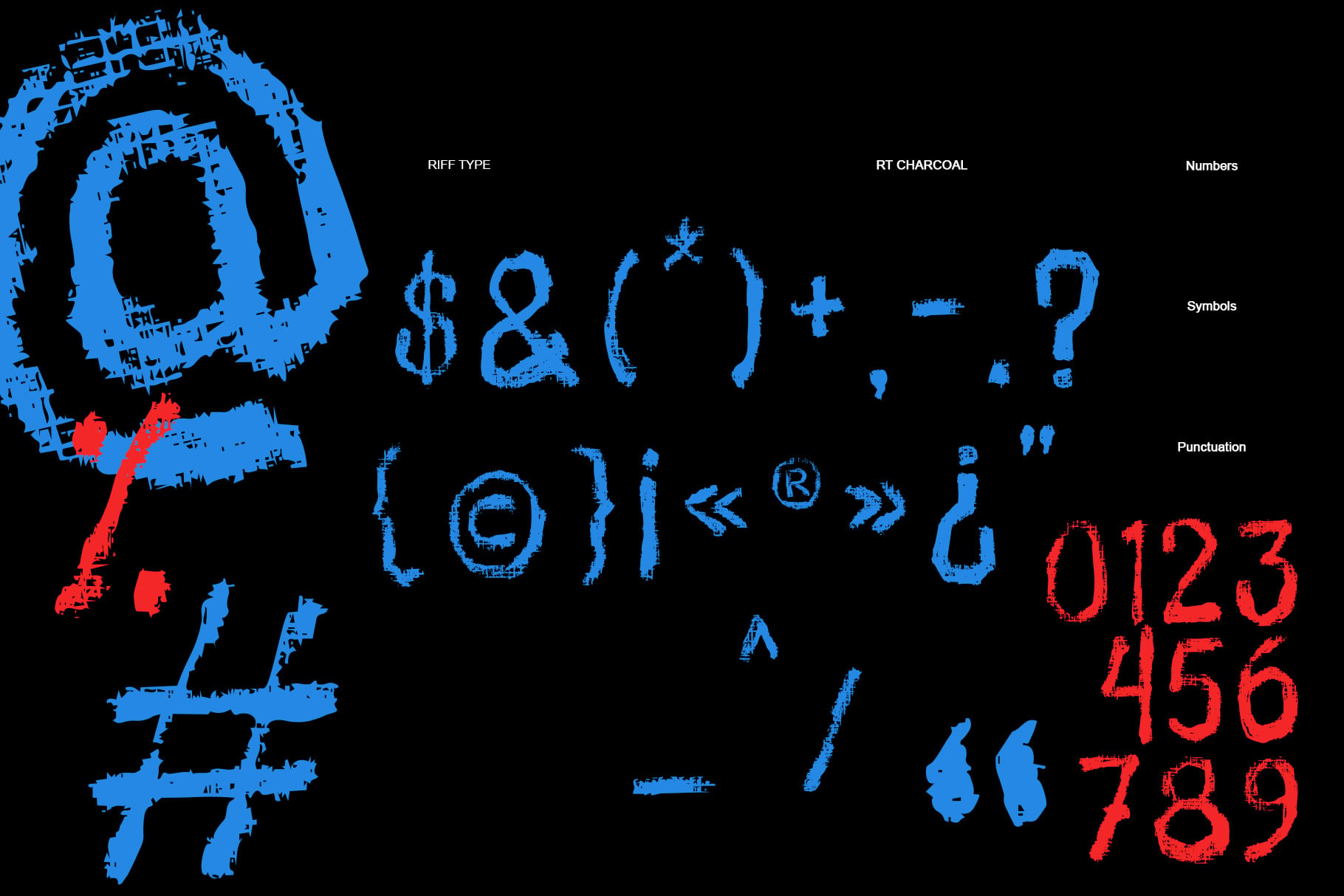Riff Type font showing blue distressed characters, symbols, numbers with red accent marks on black