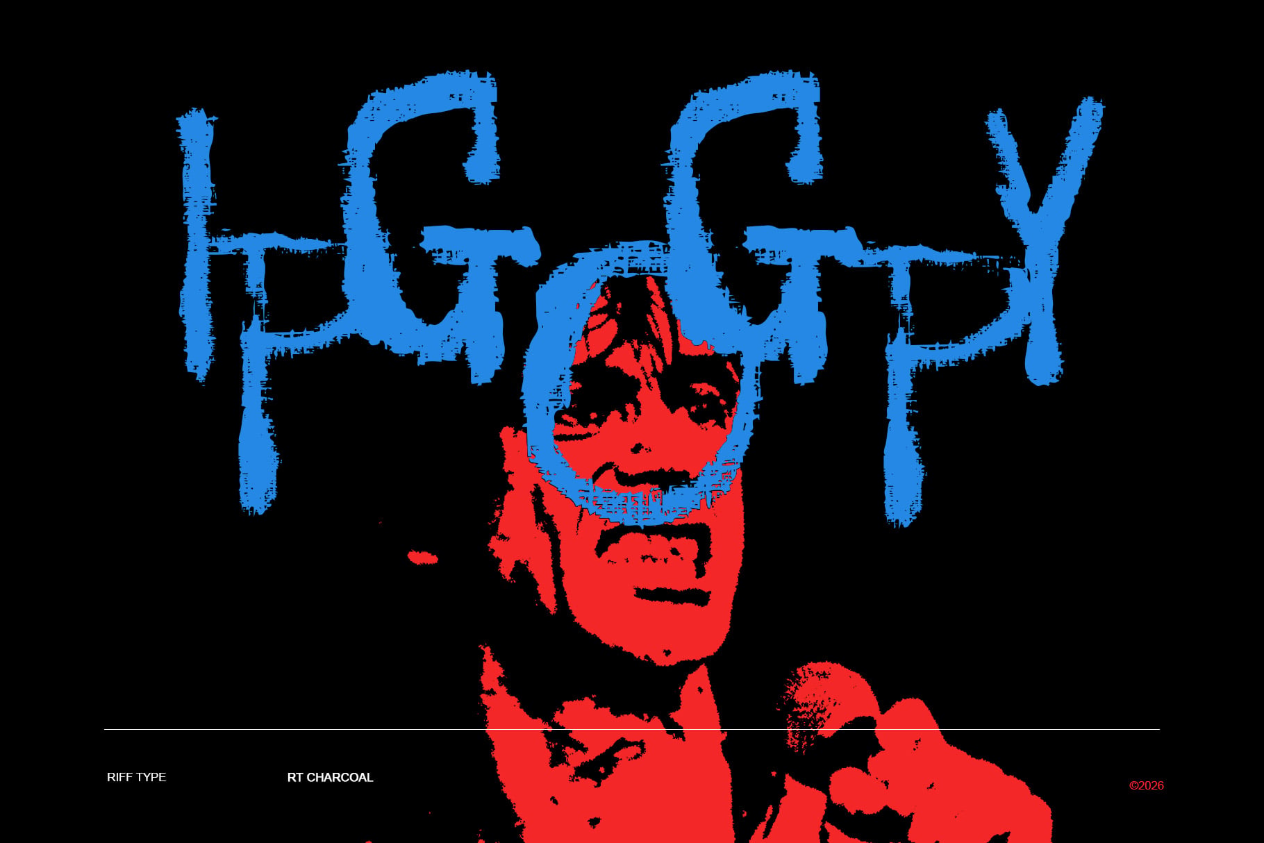 Distressed blue letters spelling "HAPPY" with red portrait face in center on black background