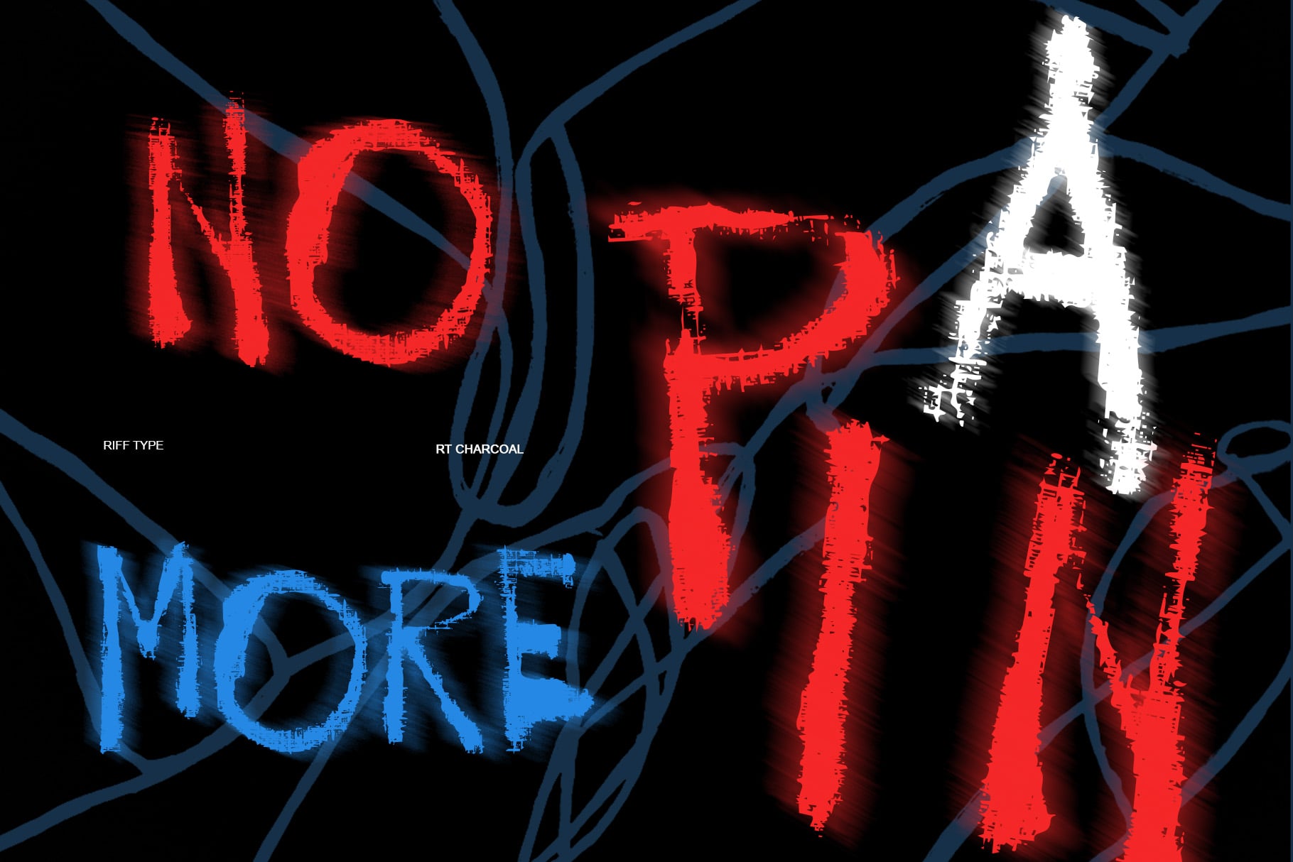 Riff Type font displayed in glitchy red, blue, plus white distressed lettering on black