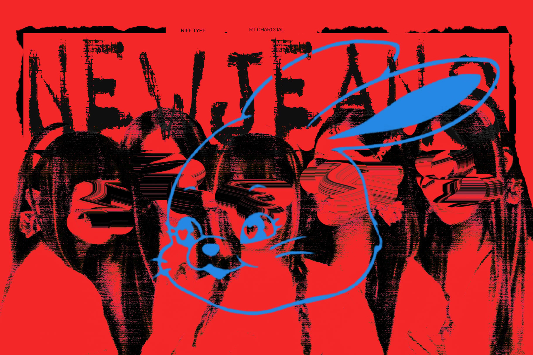 Grungy black silhouettes of figures with bright blue neon lines overlaid on vibrant red background