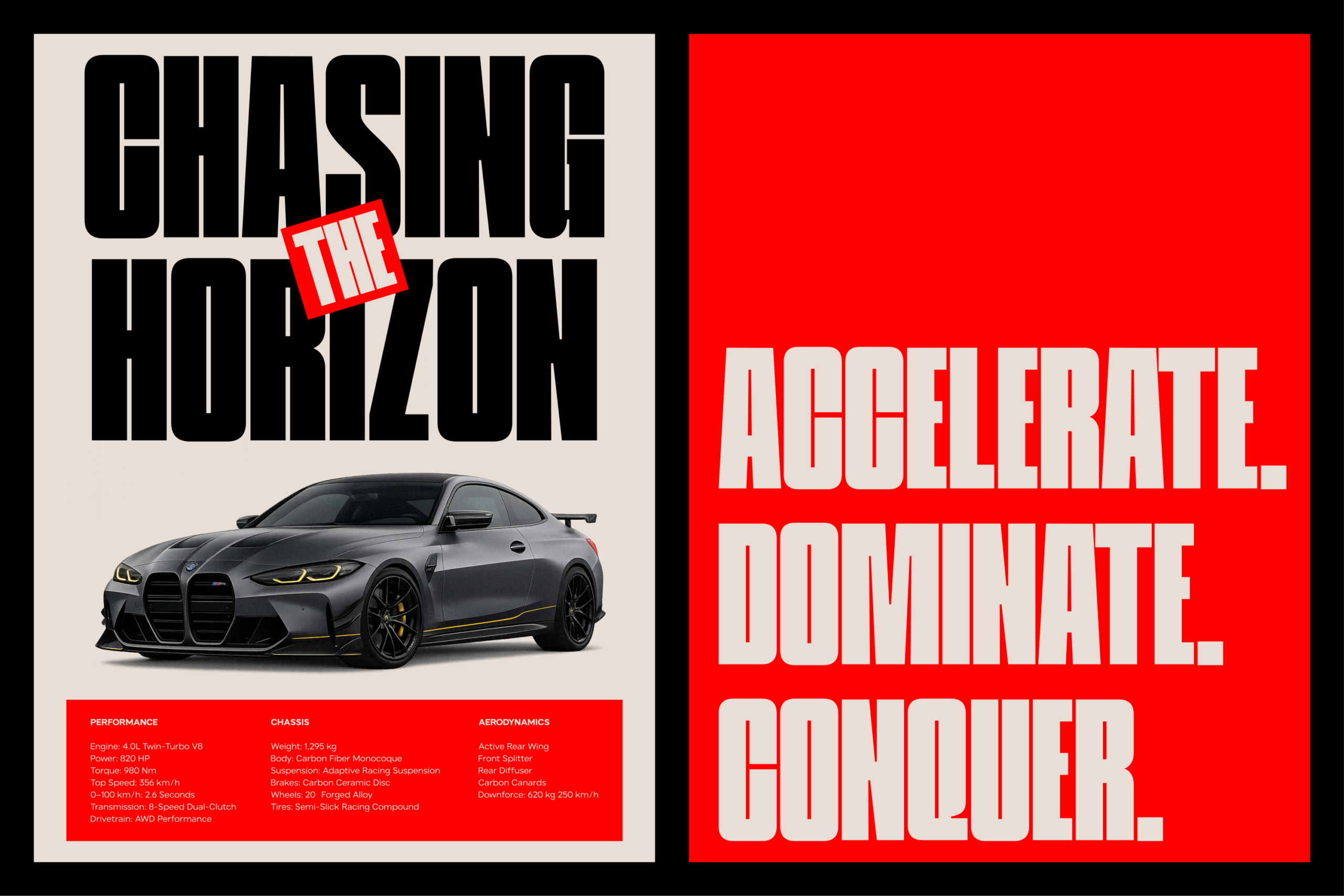 Bold car poster mockup with specs layout, cream background, high-impact typography
