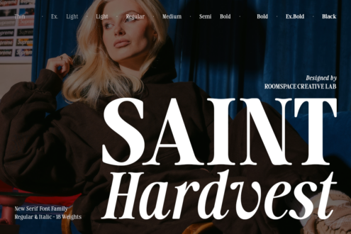 Saint Hardvest serif font family with 18 weights shown over moody blue portrait