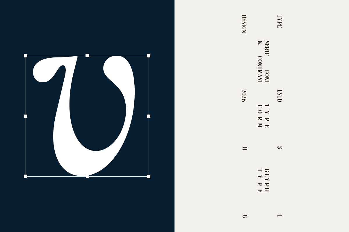 Large serif font mockup showing U letterform with design specs listed on cream background