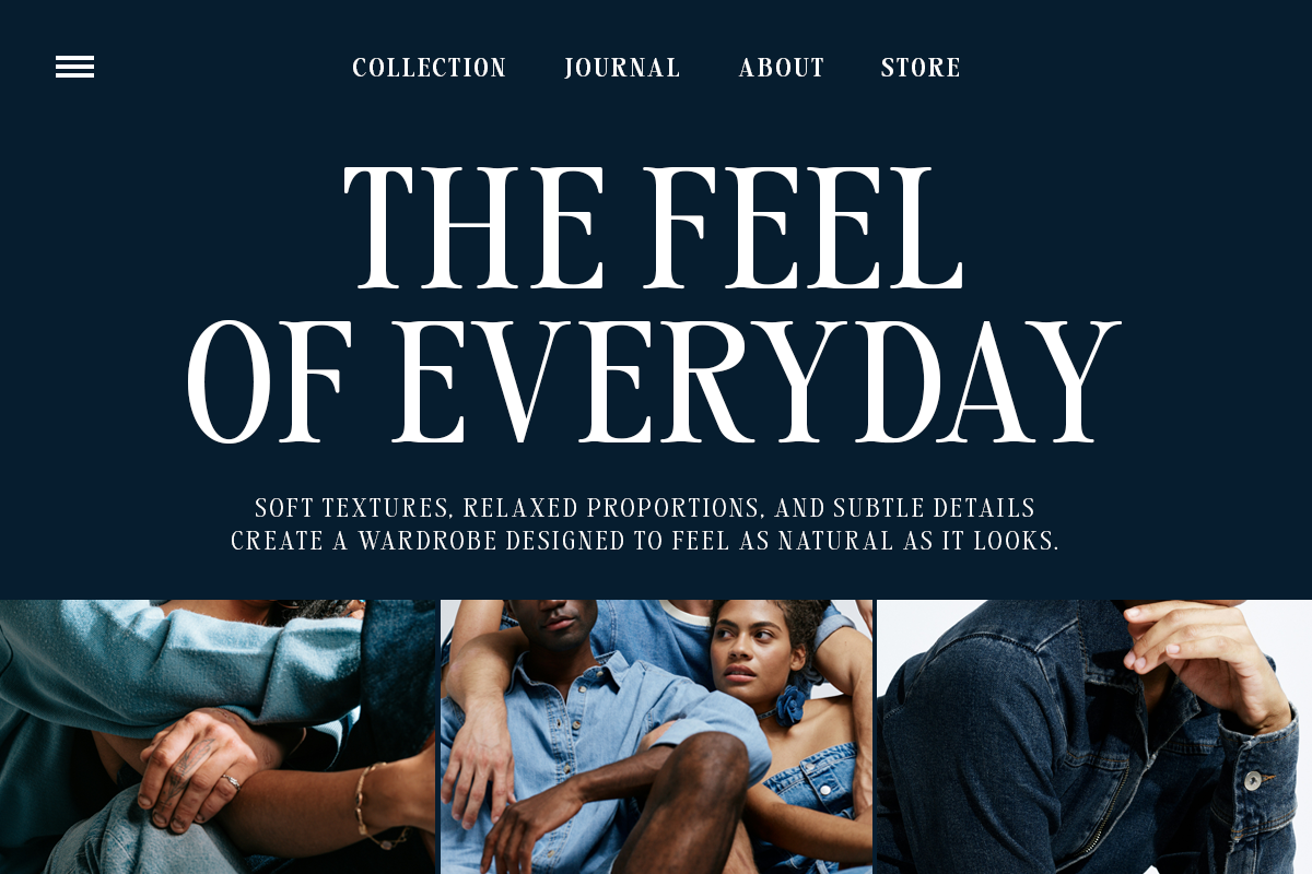 Minimalist website hero with navy background, oversized serif headline, navigation menu, descriptive tagline, three lifestyle photos of people wearing casual denim below