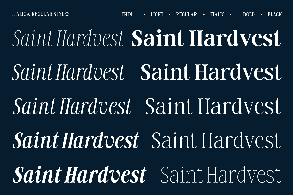 Saint Hardvest serif font showing italic regular styles thin light bold black weights