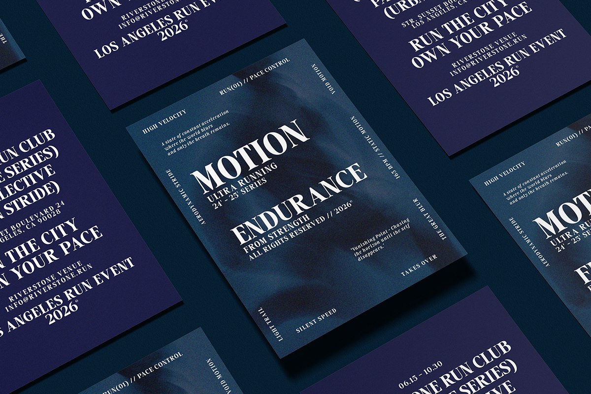 Overlapping event posters in deep blue tones with modern typography for LA running series 2026