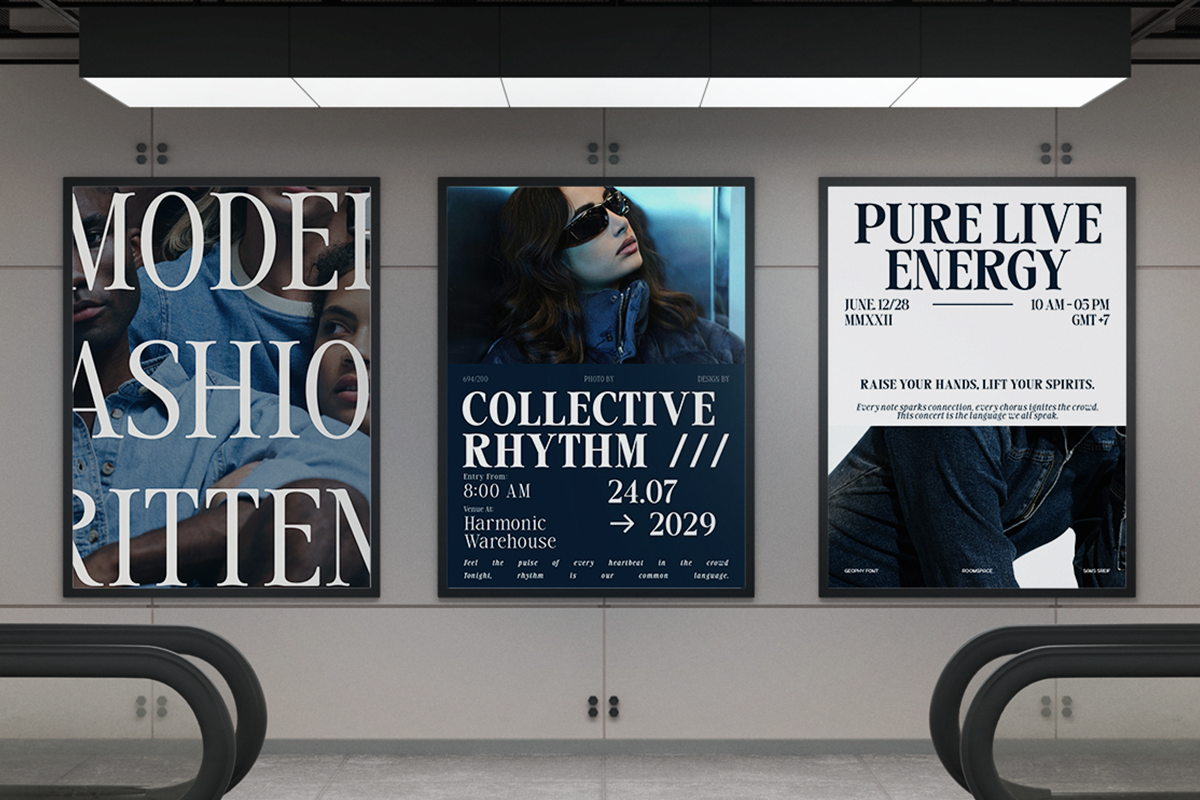 Three framed posters on gallery wall: fashion magazine cover, music event flyer, concert announcement in modern typography