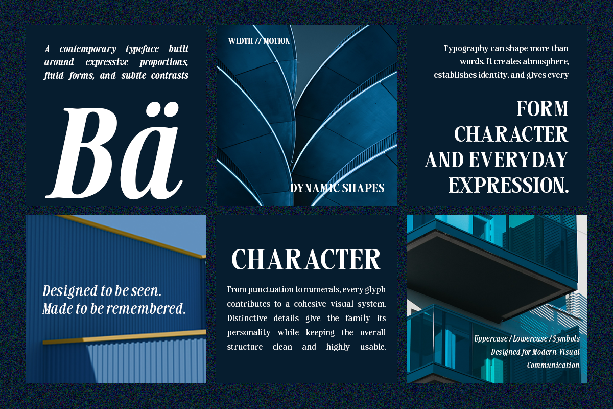 Ba typeface specimen sheet showcasing contemporary serif with fluid forms, dynamic shapes, character details