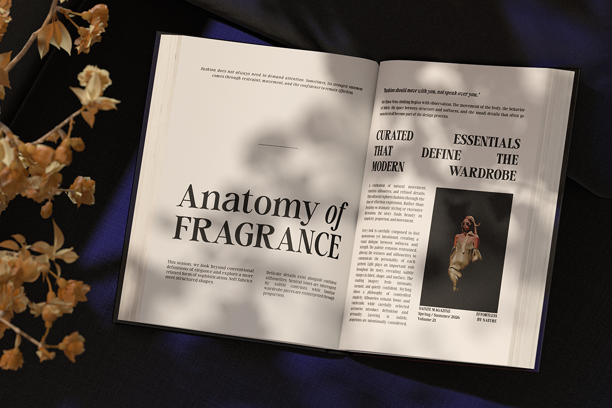 Open magazine spread with serif typography layouts for fashion editorial on fragrance, dried flowers beside it