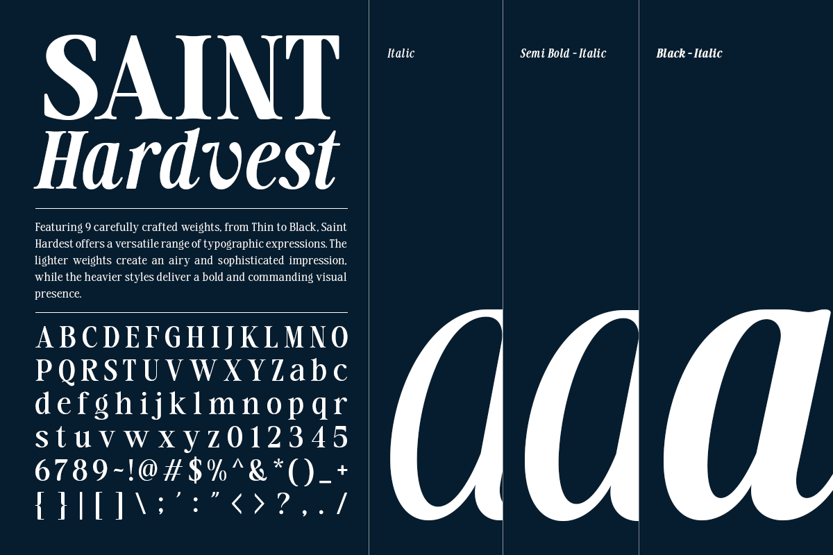 Saint Hardvest font family showing 9 weights from thin to black with italic variations