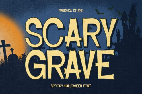 Creepy graveyard scene with haunted mansion, bats, crosses, spooky yellow font display