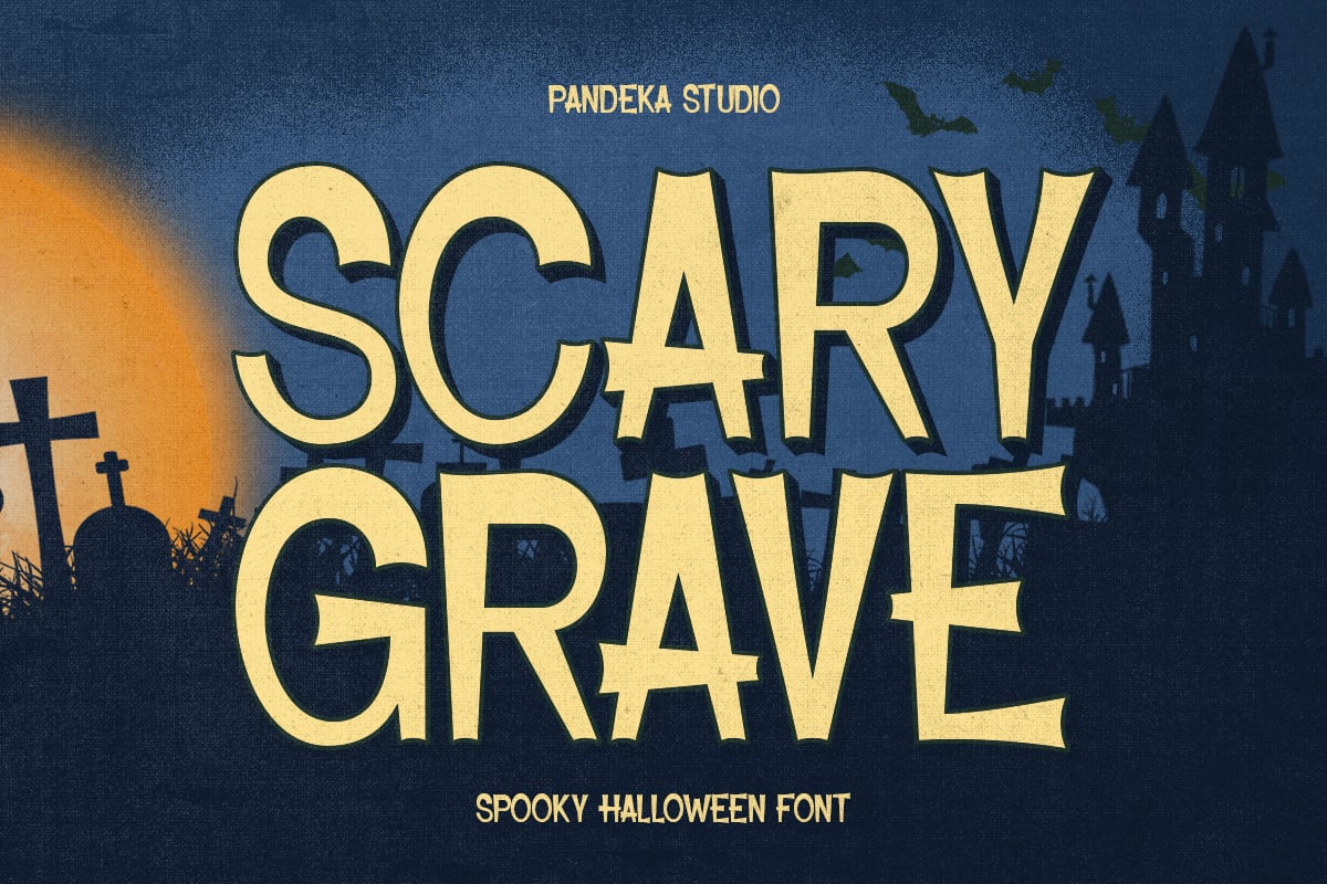 Creepy graveyard scene with haunted mansion, bats, crosses, spooky yellow font display