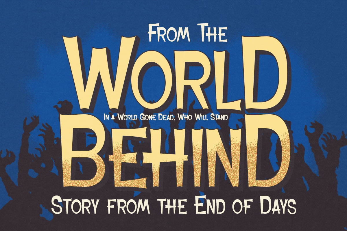 Movie poster mockup with zombie silhouettes, gold lettering on deep blue background