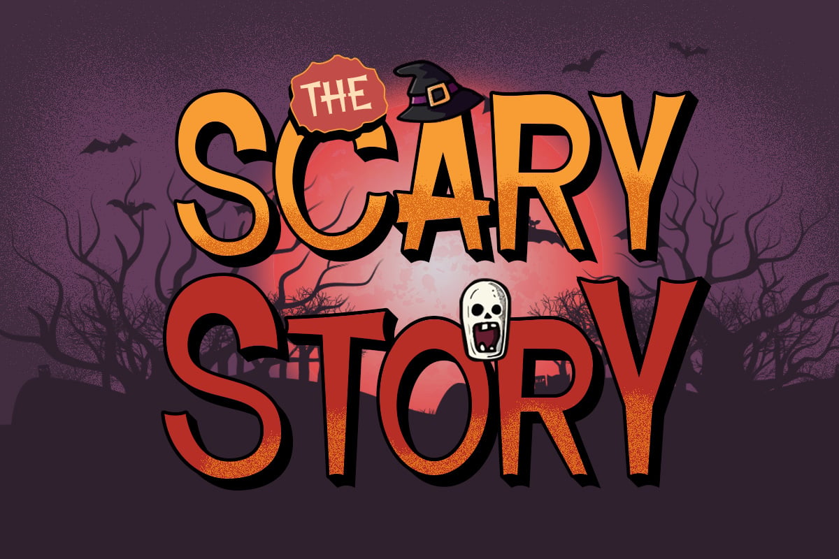 Bold orange text reading "The Scary Story" with witch hat, ghost, dead trees against spooky purple sky