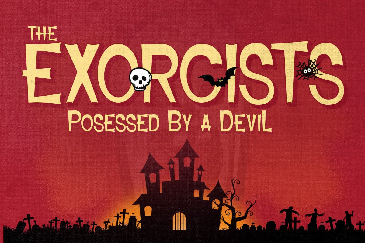Retro horror movie poster with gold lettering, haunted house, graveyard silhouettes on red background