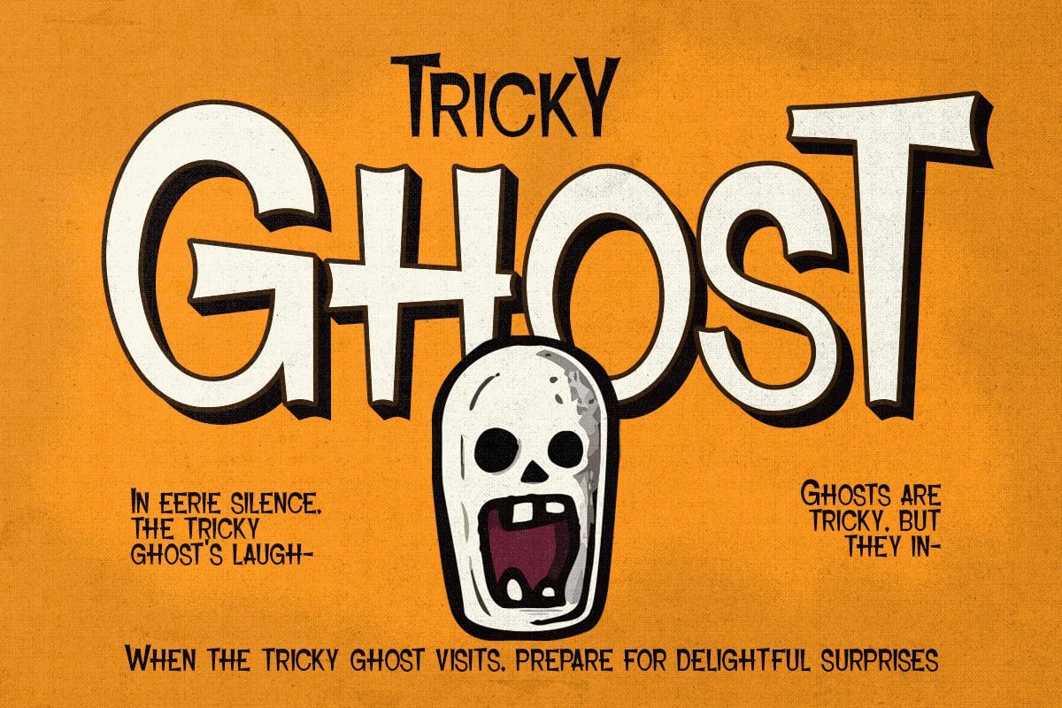 Vintage orange poster with "Tricky Ghost" in chunky letters, screaming skull character, creepy Halloween vibes