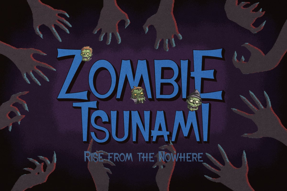 Retro horror movie poster with blue "Zombie Tsunami" text surrounded by zombie hands
