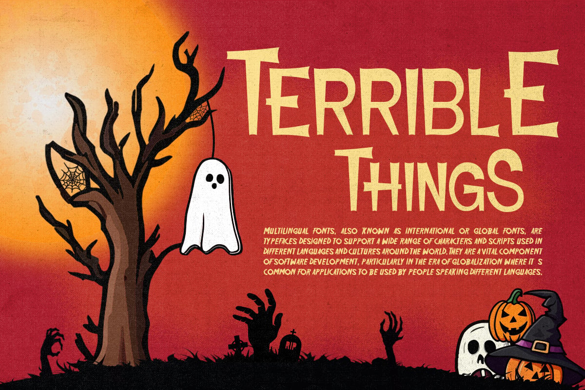Spooky Halloween font mockup with ghosts, dead tree, pumpkins on red gradient background
