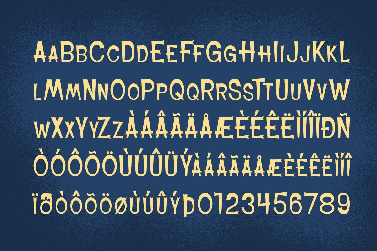 Gold serif font with accented characters, numbers, displayed on deep blue textured background