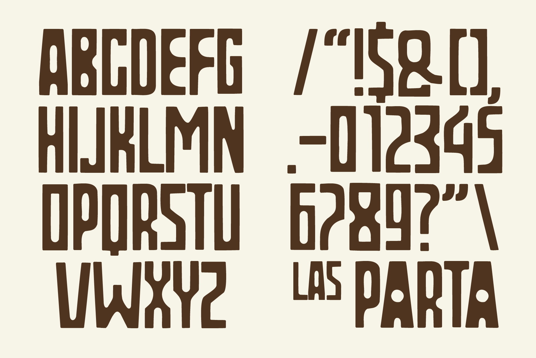 Chunky geometric sans-serif font in brown with angular cutouts throughout each letter
