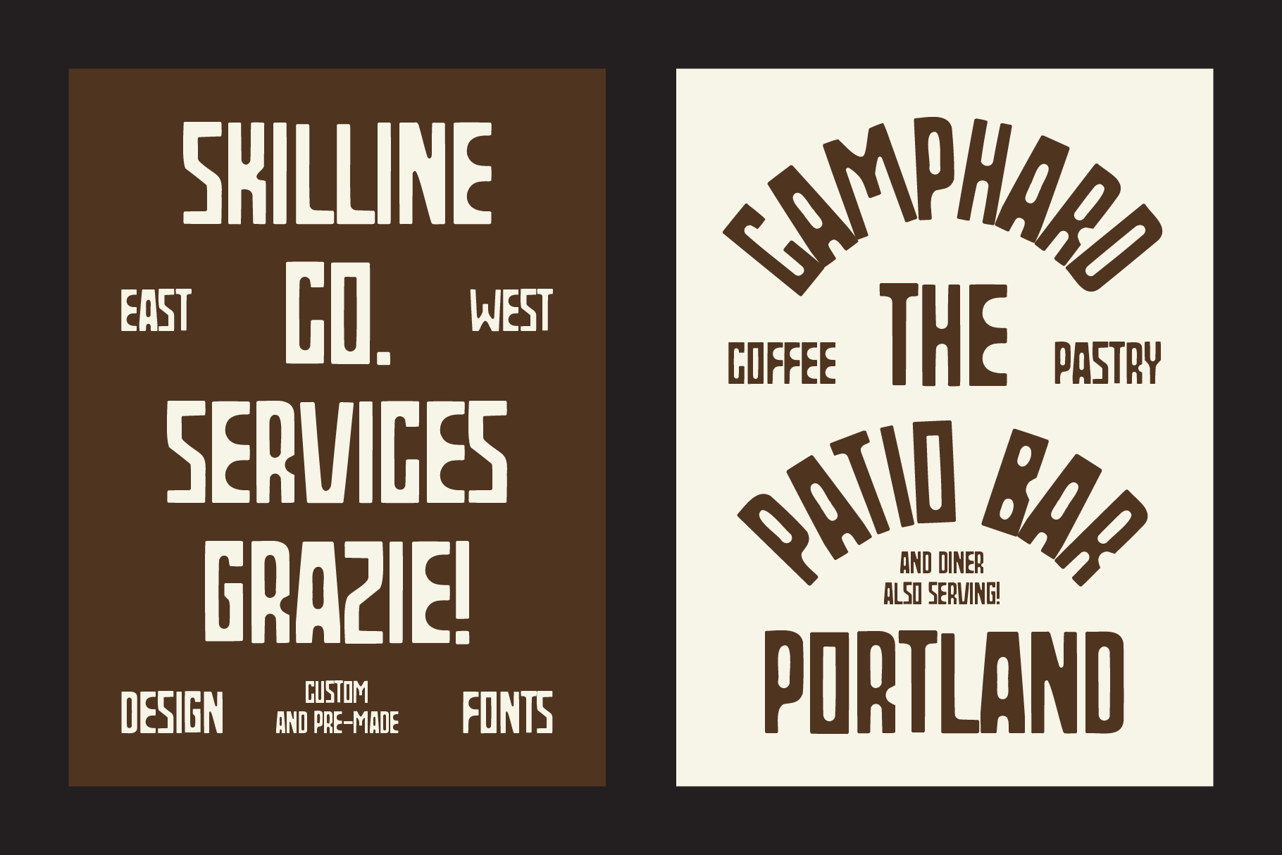 Skilline typeface shown in two retro posters with brown lettering on contrasting backgrounds