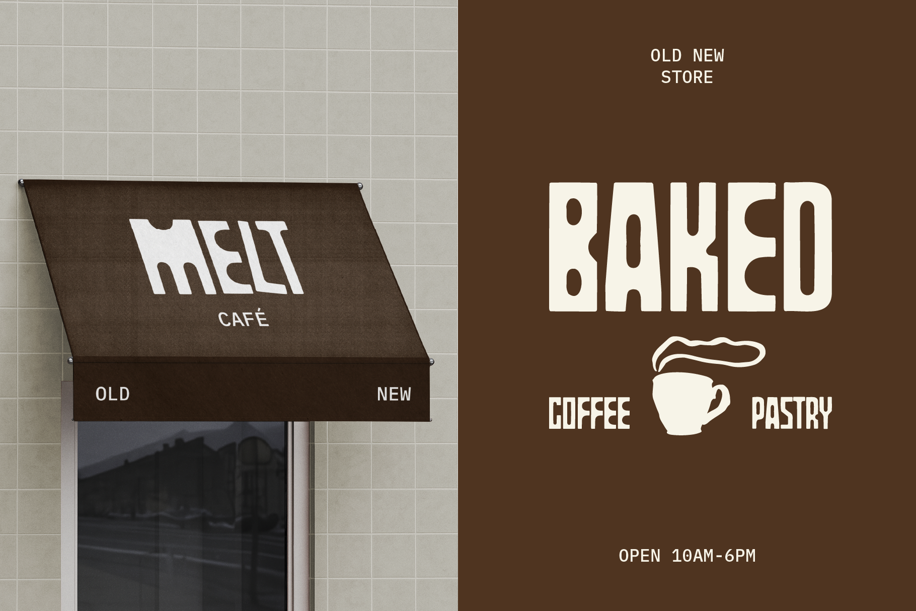 Split-screen mockup showing brown awning storefront on left, retro bakery cafe signage on right