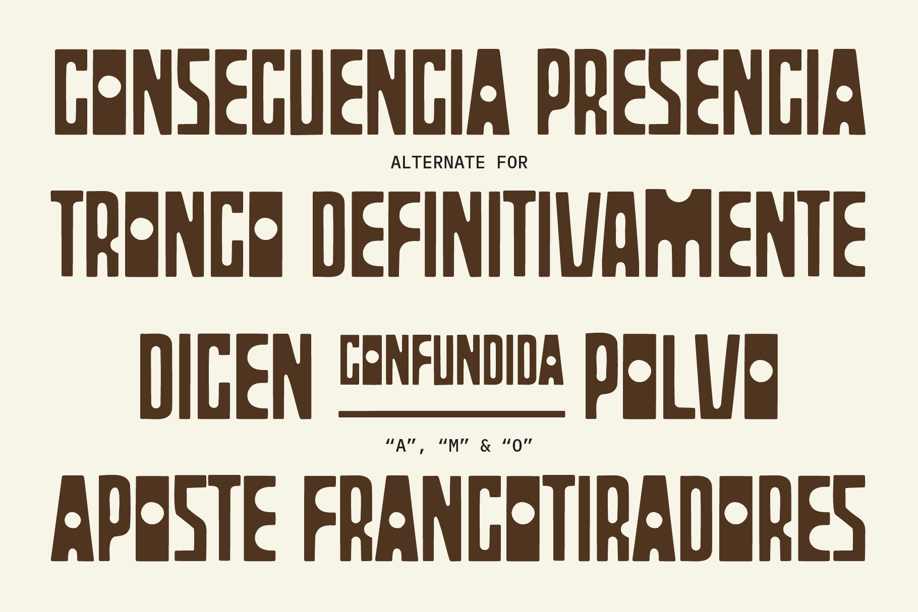Bold Spanish typography font with cutout circles showing alternates for common letters
