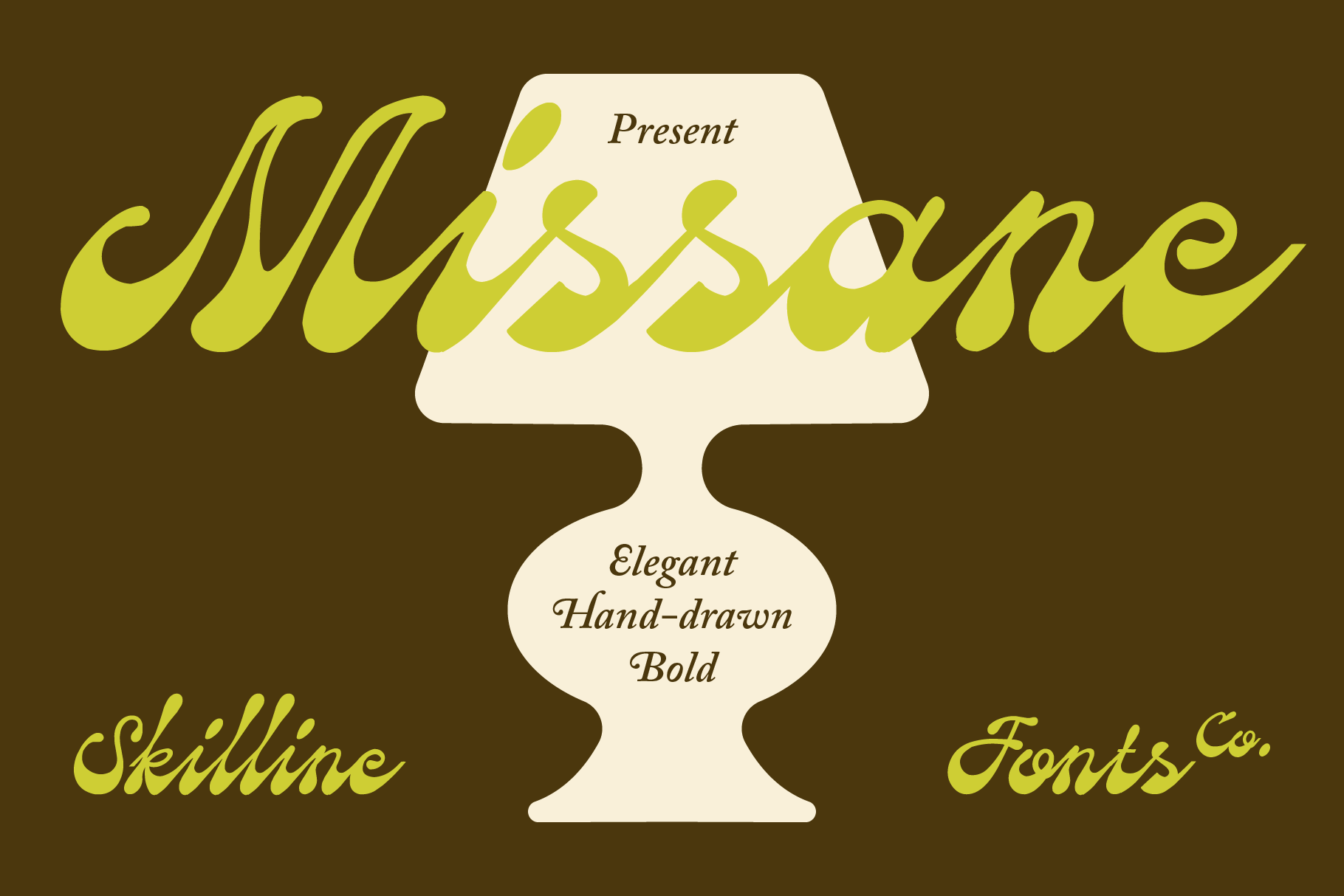 Missonge script font in chartreuse on brown background with cream pedestal showcase