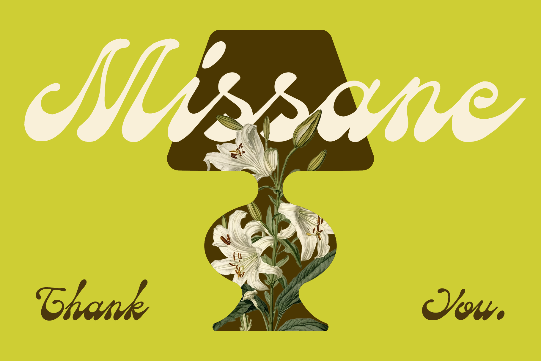 Retro thank you card with woman silhouette filled with white lilies on chartreuse background