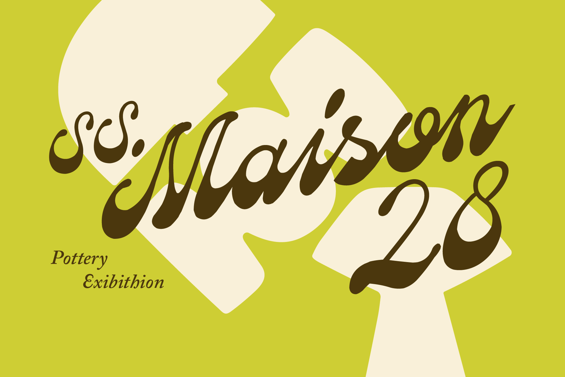 Retro poster for pottery exhibition with bold brown script on lime green with cream shapes