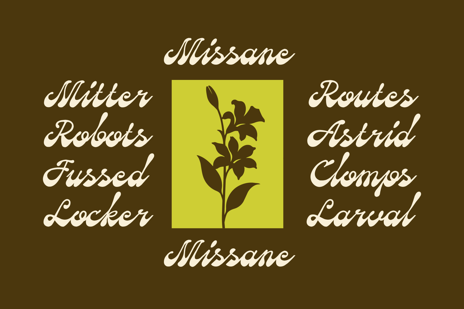 Retro botanical poster with cream script text surrounding a lime green box with brown flower silhouette