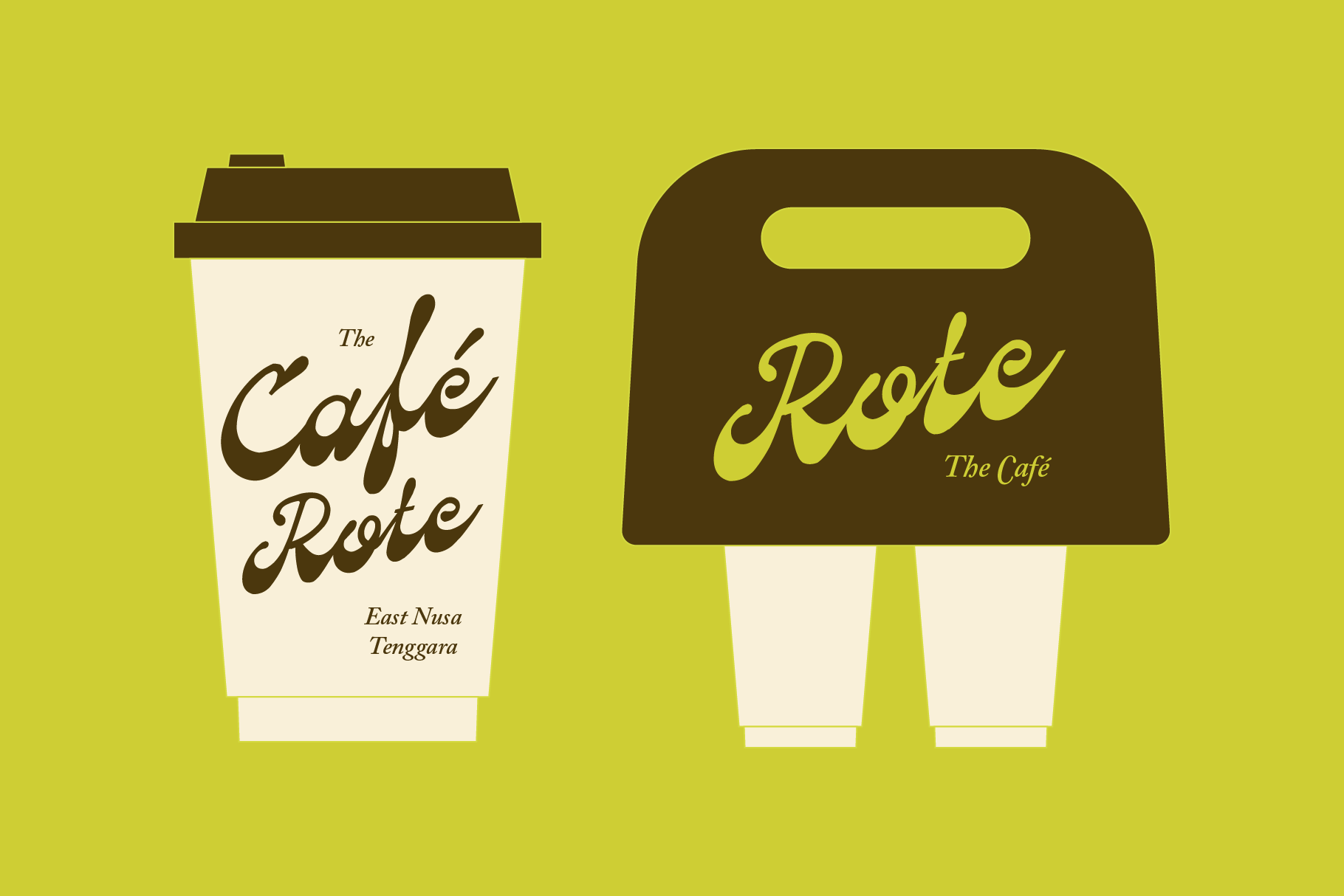Retro coffee cup mockup with brown, cream, yellow showing takeout cup plus paper bag design
