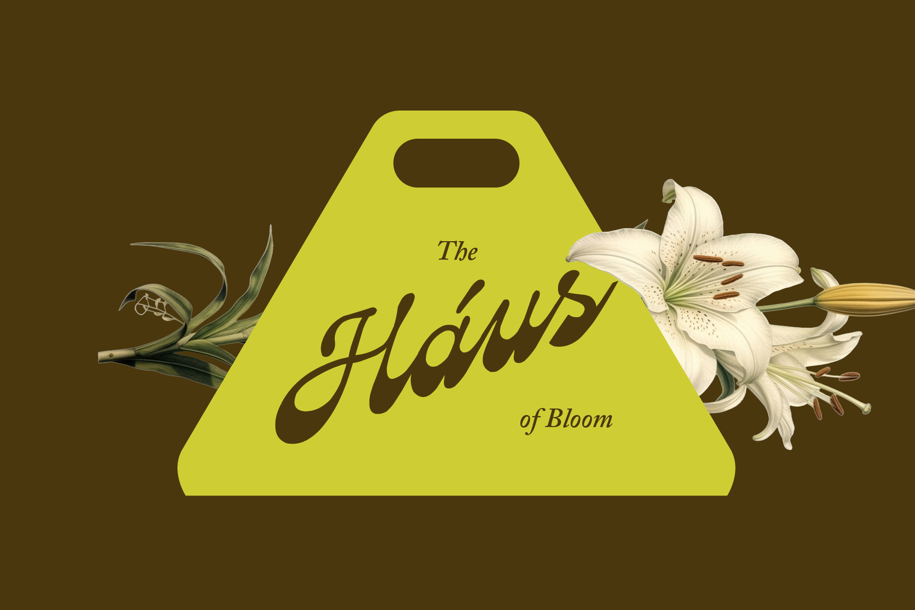 Bright lime shopping bag with "The Glow of Bloom" script, white lilies on chocolate background