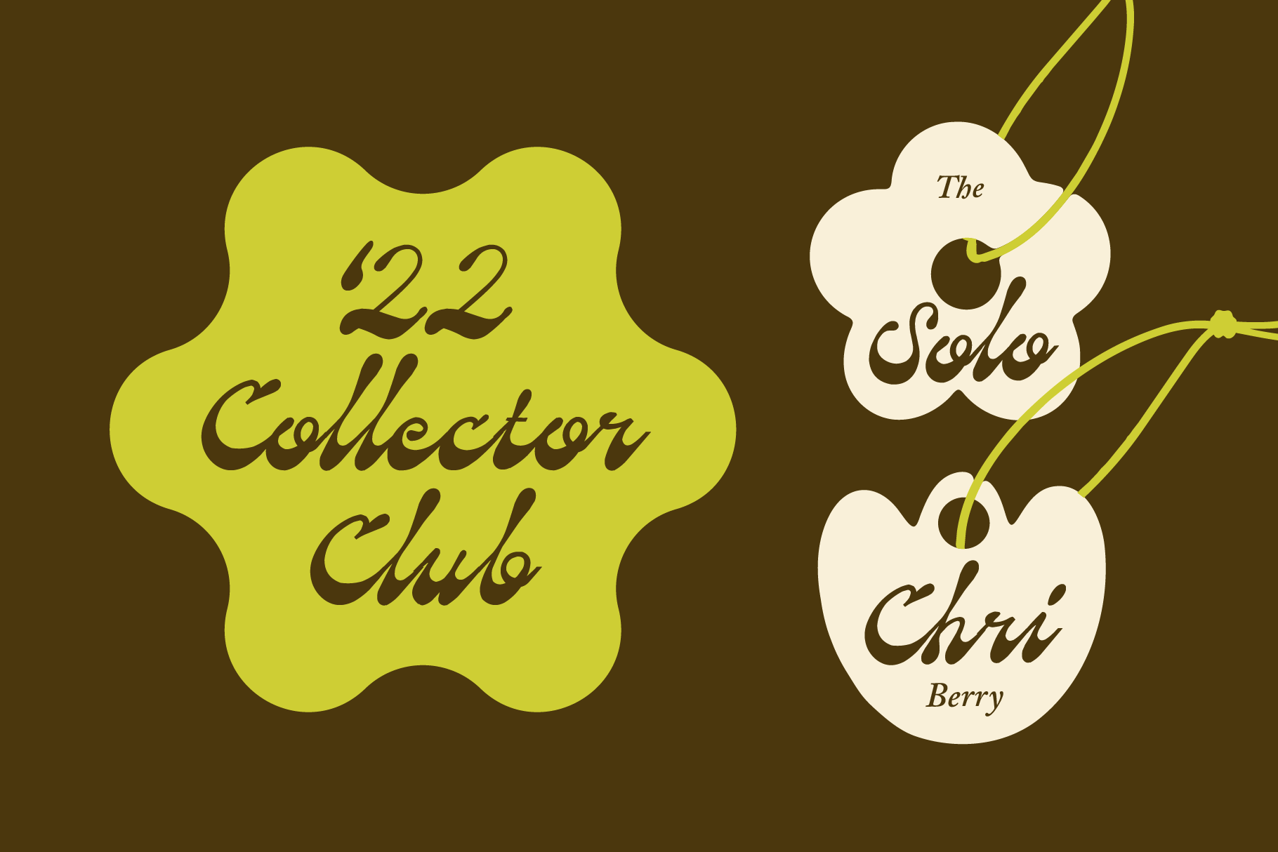 Retro label design with lime green badge, cream berries on olive brown background