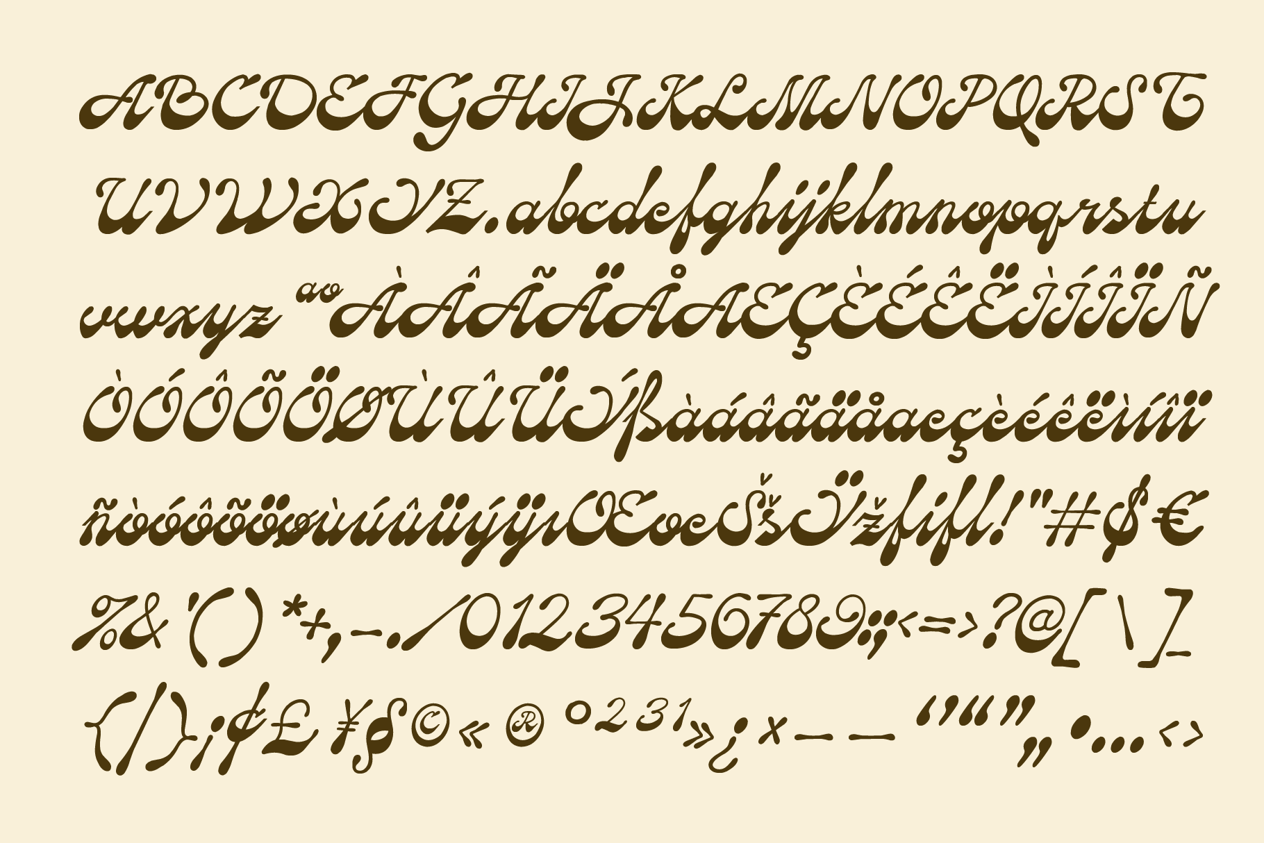 Elegant italic script font with full character set including accents, numbers, symbols on cream background