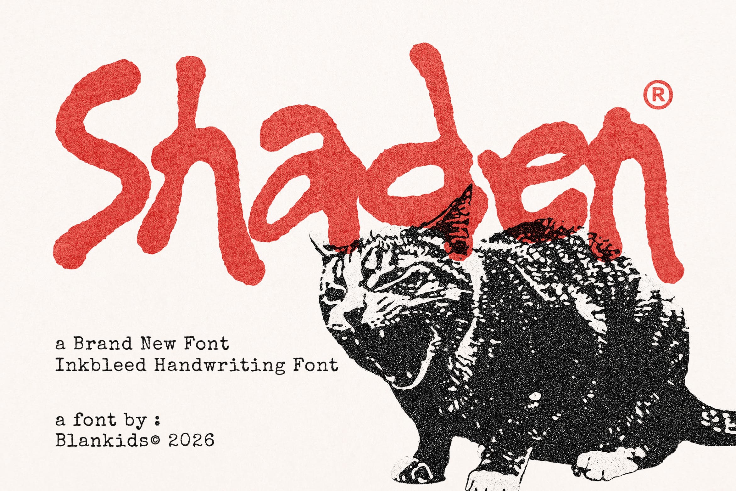 Shreddon inkbleed handwriting font with textured red letters over black cat illustration