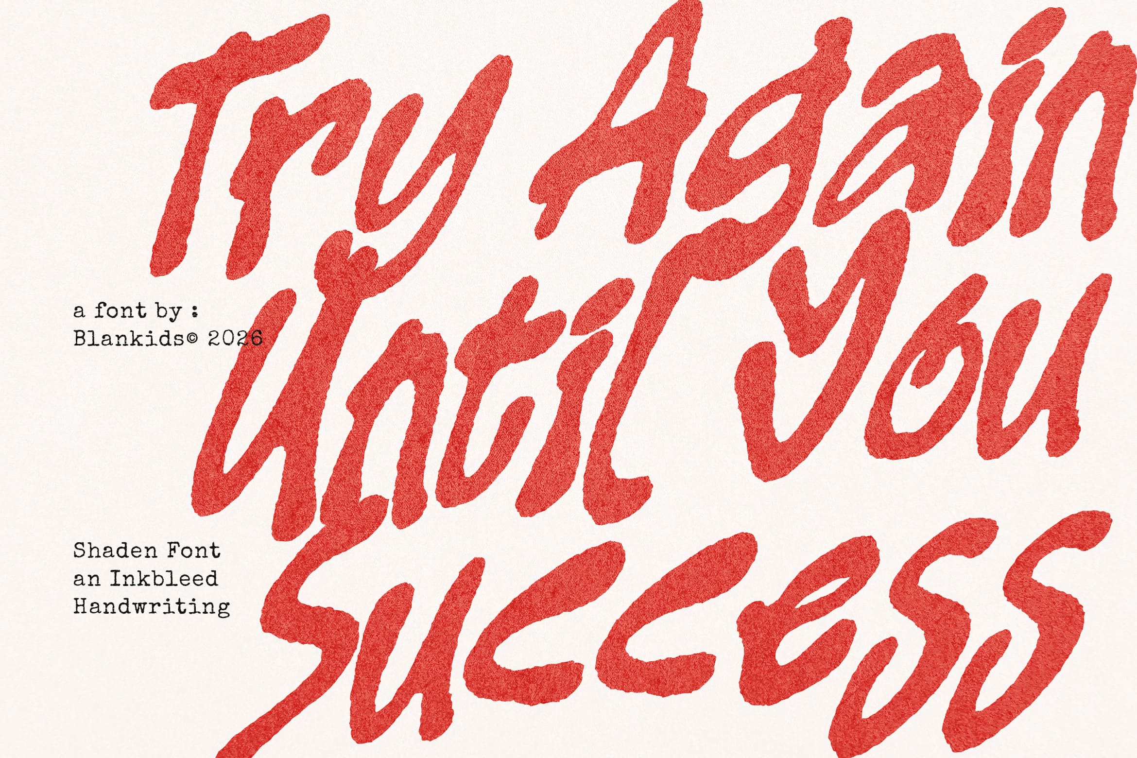Shaden Font by Blankids, bold red handwriting typeface with gritty texture on cream background