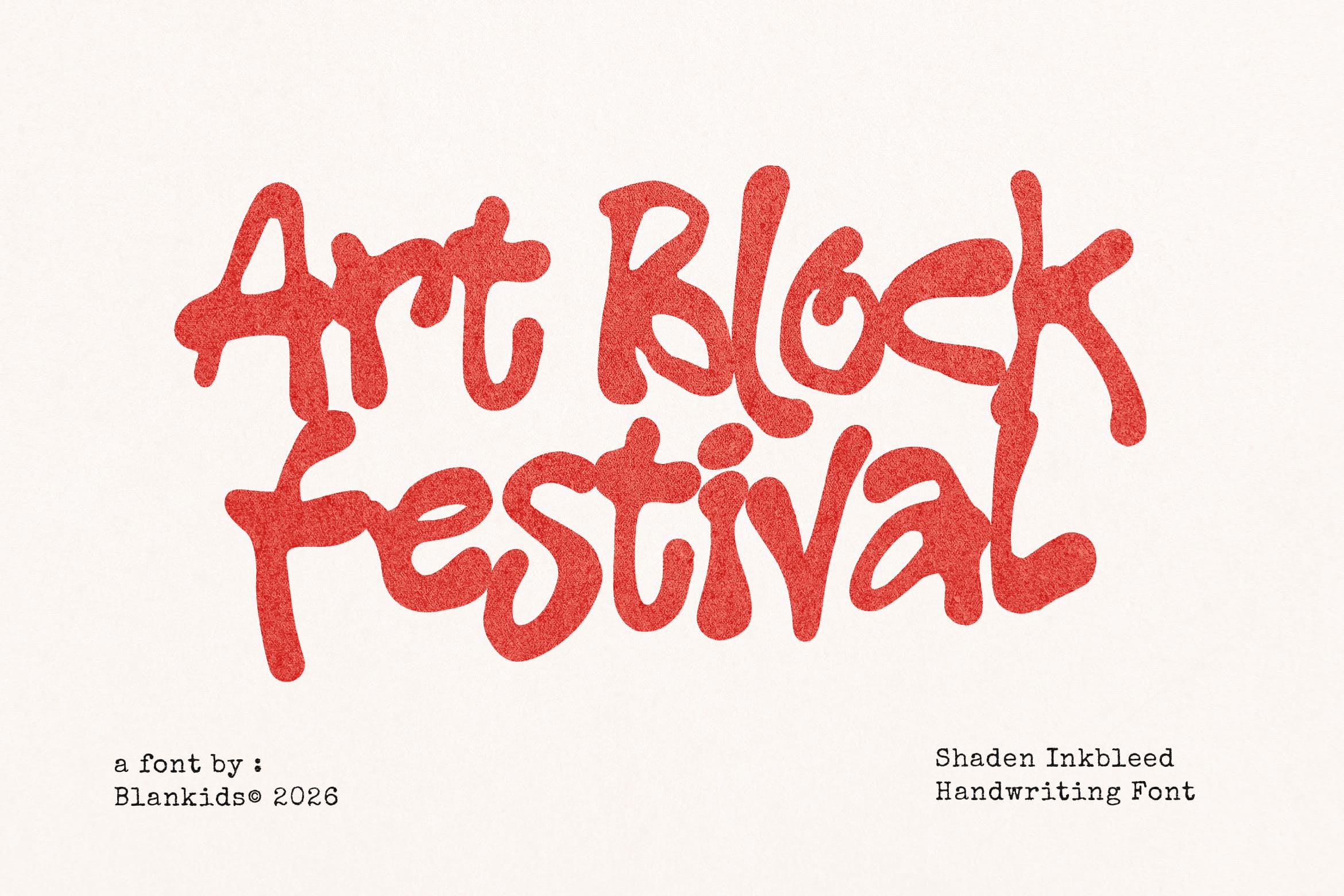 Art Block Festival font in coral red with textured handwriting style on cream background