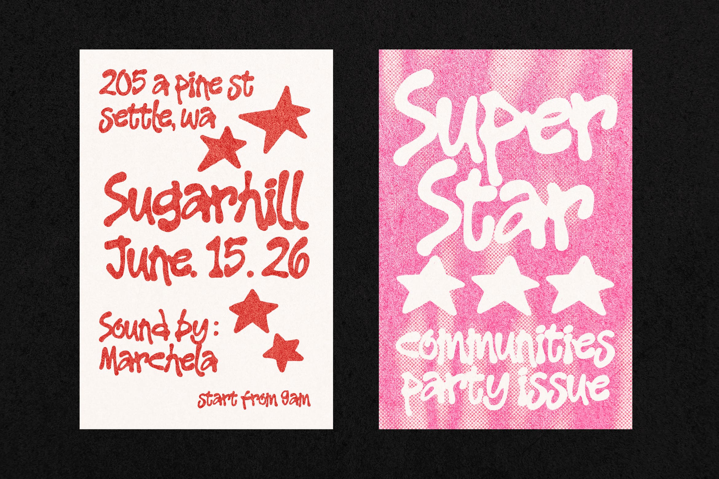 Two retro event posters side by side, one cream with red handwritten text, one hot pink with white bubble letters