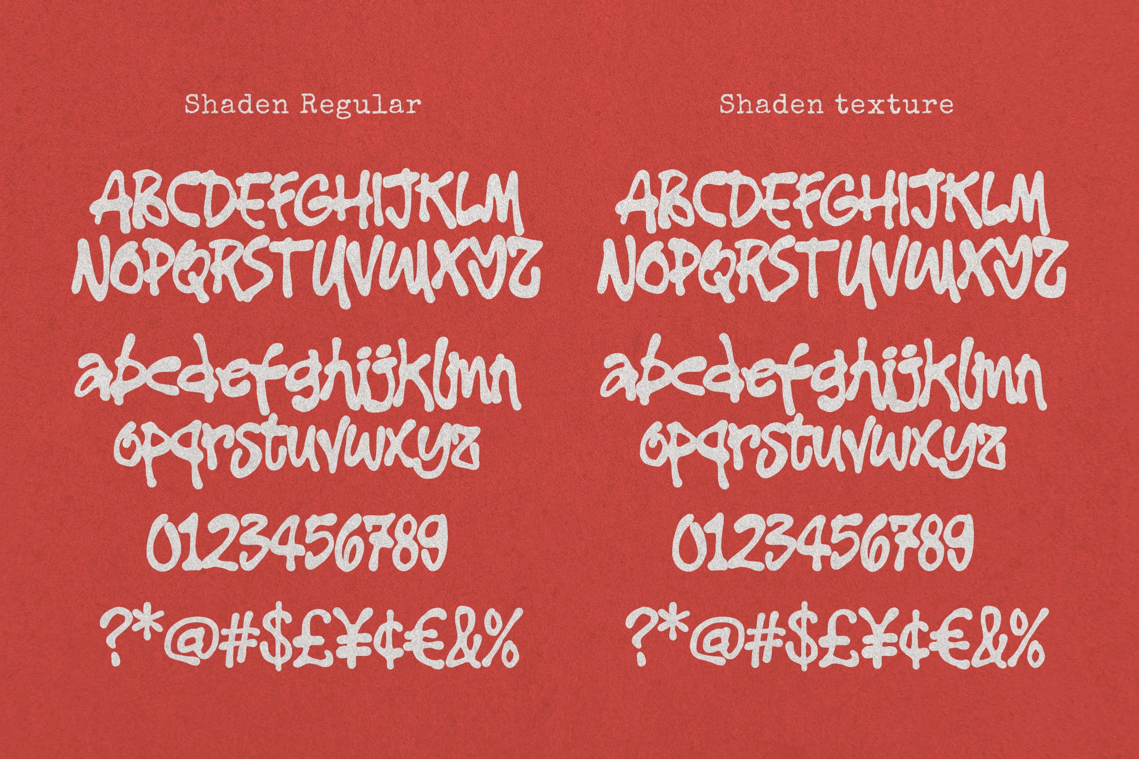 Shaden font family showing regular plus textured versions on red background