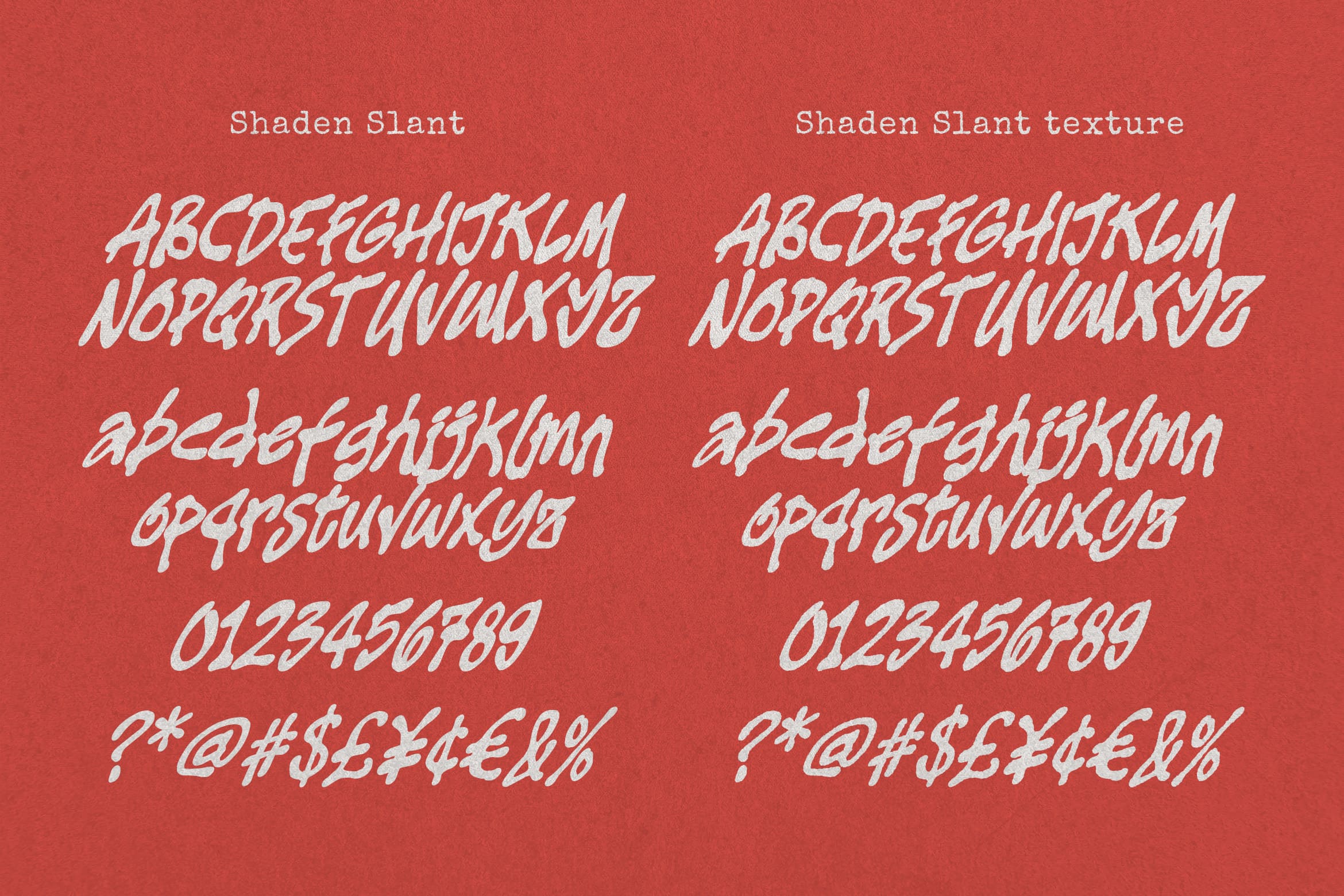 Shaden Slant italic font displayed in white on coral red background