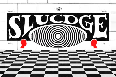 Retro 70s poster with SLUG OF typography, hypnotic concentric circles, red silhouettes, checkered floor
