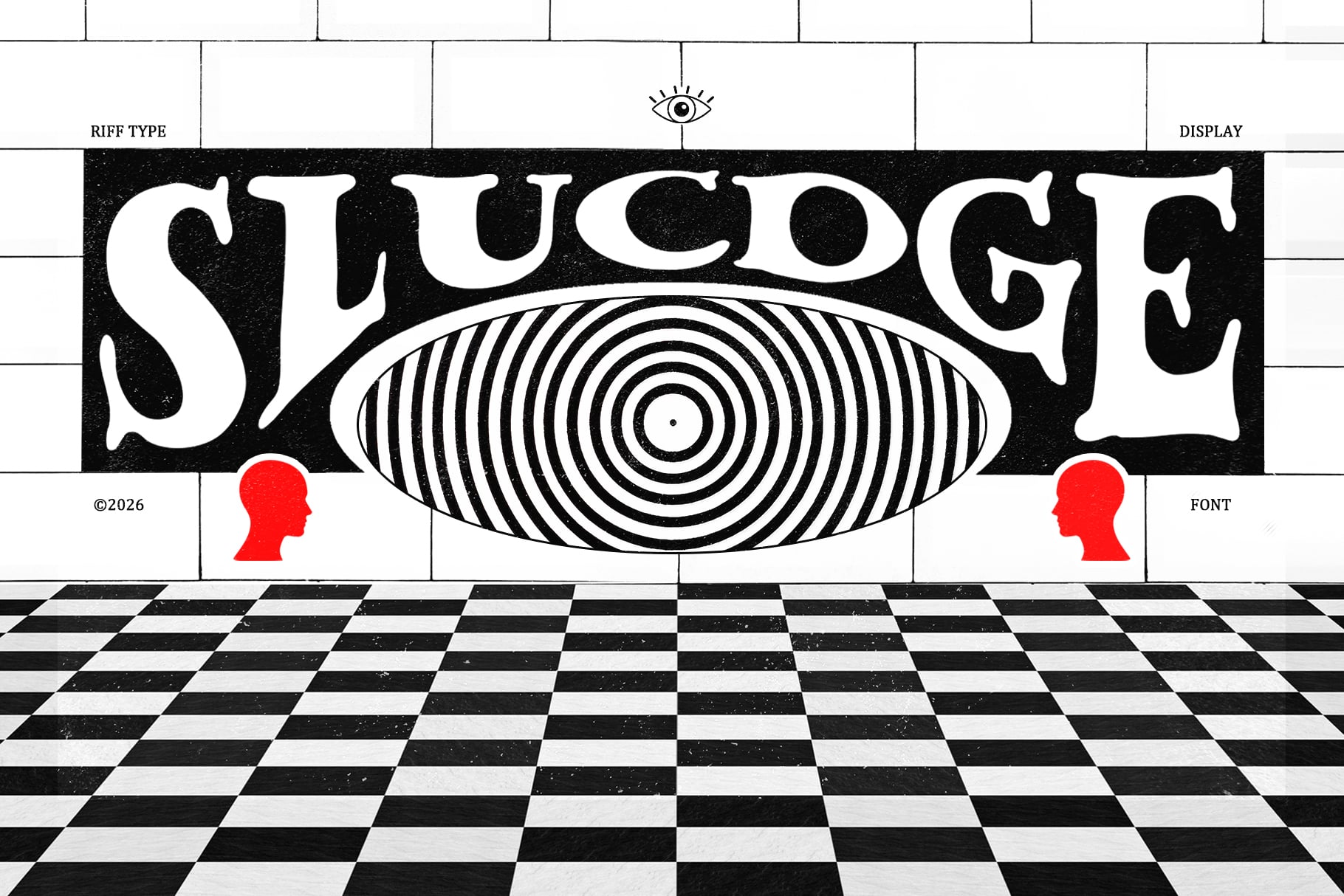 Retro 70s poster with SLUG OF typography, hypnotic concentric circles, red silhouettes, checkered floor