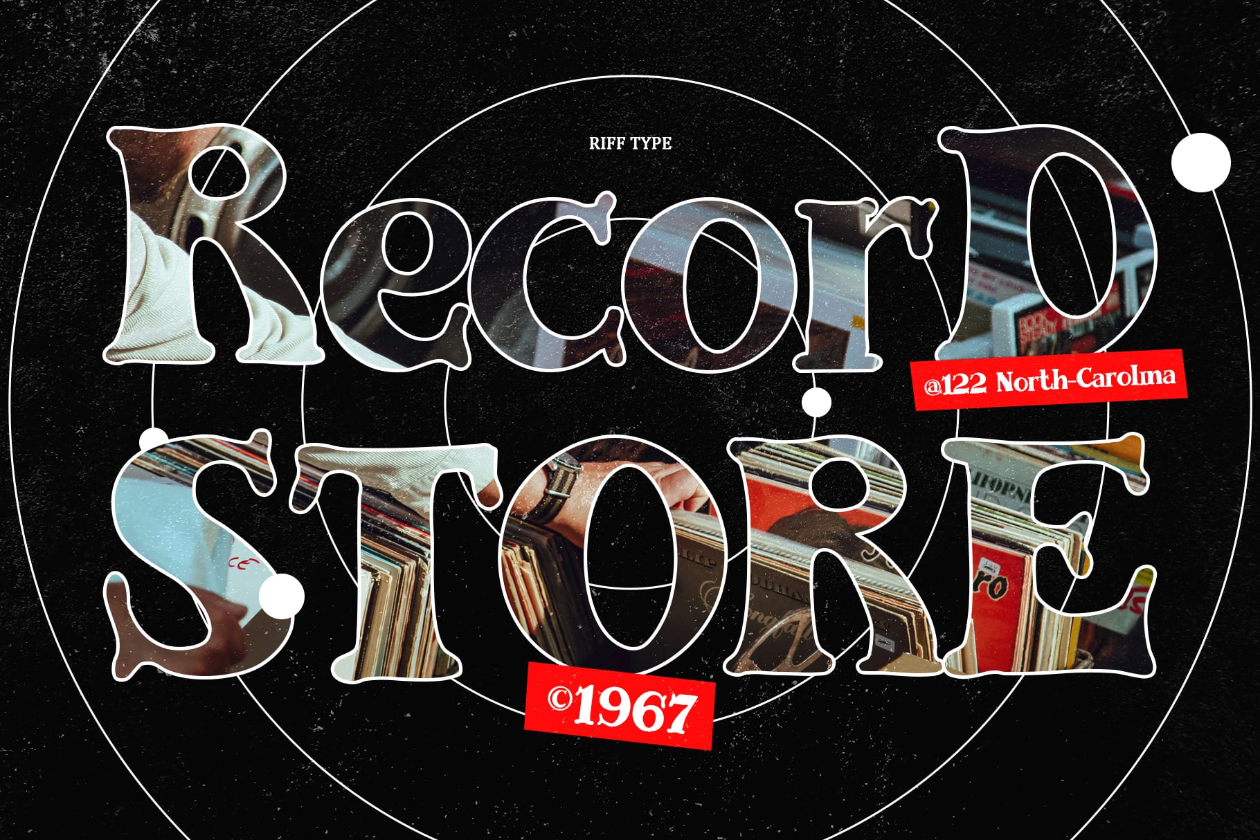 Record store typography with vinyl cutouts, retro vibes, 1967 nostalgia