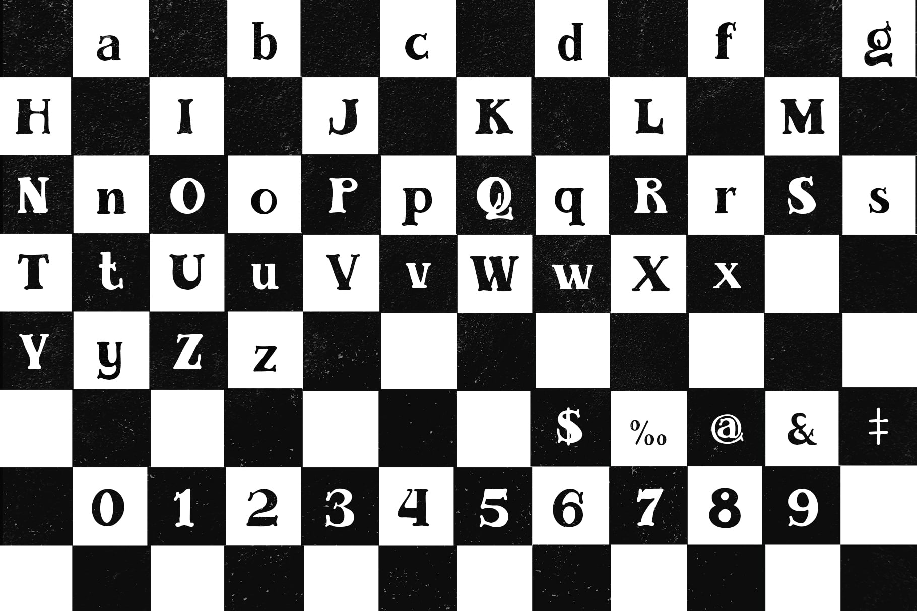 Gritty checkerboard font display showing uppercase, lowercase, numbers, plus symbols like dollar sign, ampersand, at sign