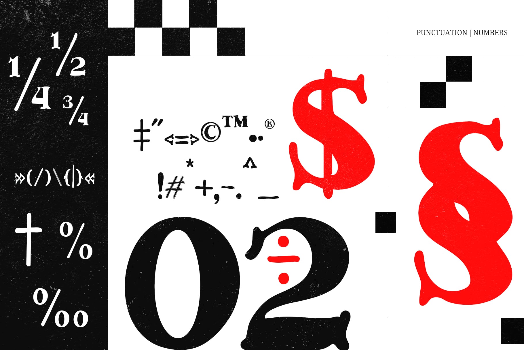 Comprehensive punctuation marks, numbers, currency symbols, fractions display with textured black background